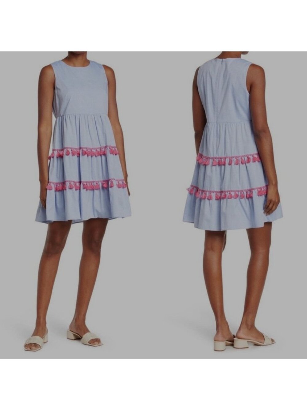 NEW $118  Eliza J Blue Coastal Dress Tassel Trim Tiered Boho Resort Womens 8